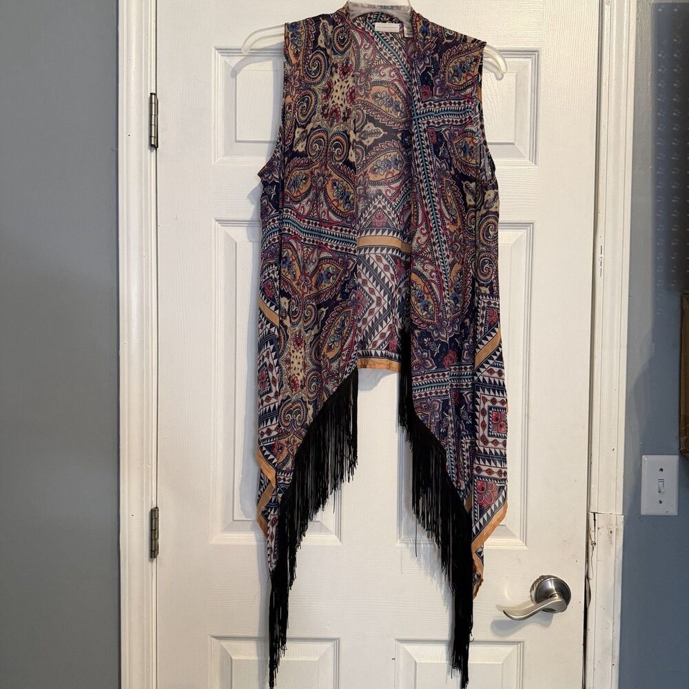 New York & Company Paisley Kimono Vest Multicolor Geometric Polyester Sleeveless